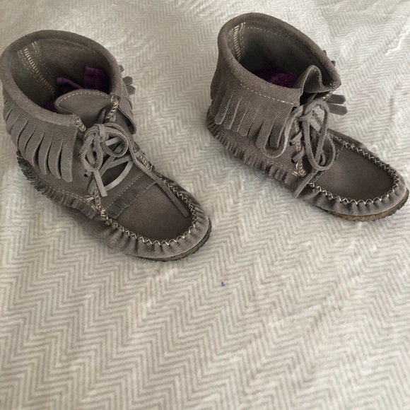 Taupe/ grey suede high top moccasin shoes/slippers, 6 - Picture 1 of 6